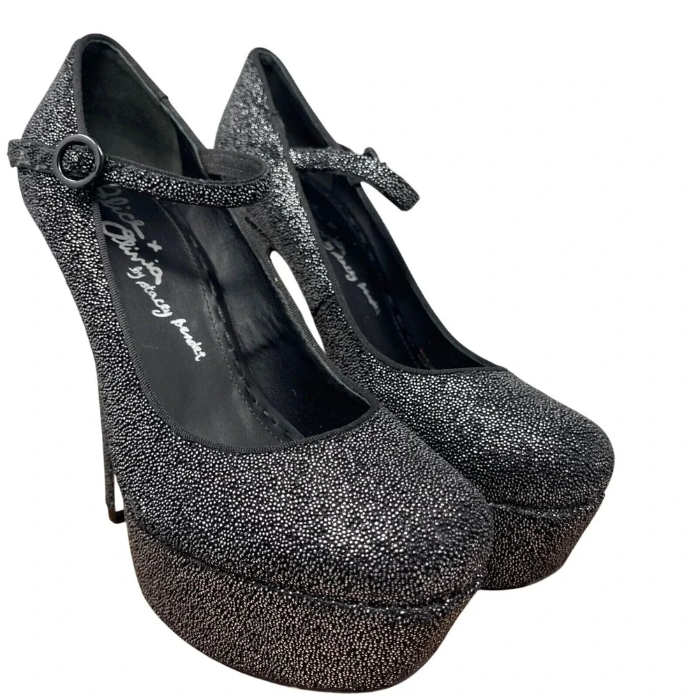 Alice + Olivia Heels 38 1/2 38.5 US 7.5 Black‎ Beaded Platform Ankle Strap Lynda